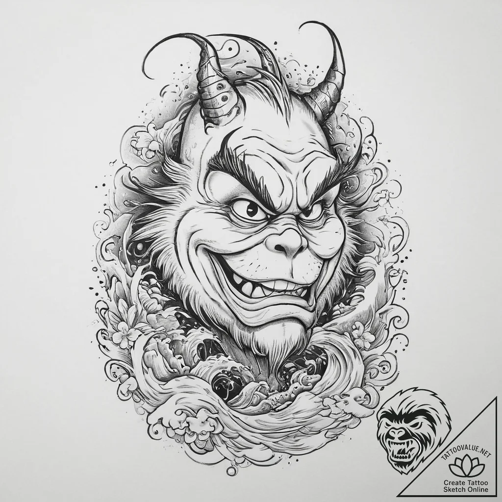 Tattoo sketch the grinch with a cry, ink illu... - tattoo sketch (№1756244769_0, 26.08.2025 21:46) — tattoovalue.net