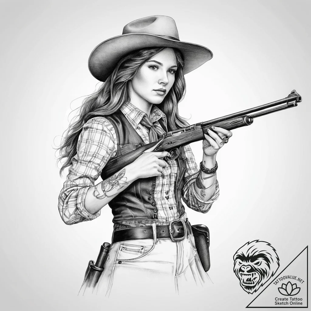 Tattoo sketch annie oakley with a rifle - tattoo sketch (№1756251152_0, 26.08.2025 23:32) — tattoovalue.net