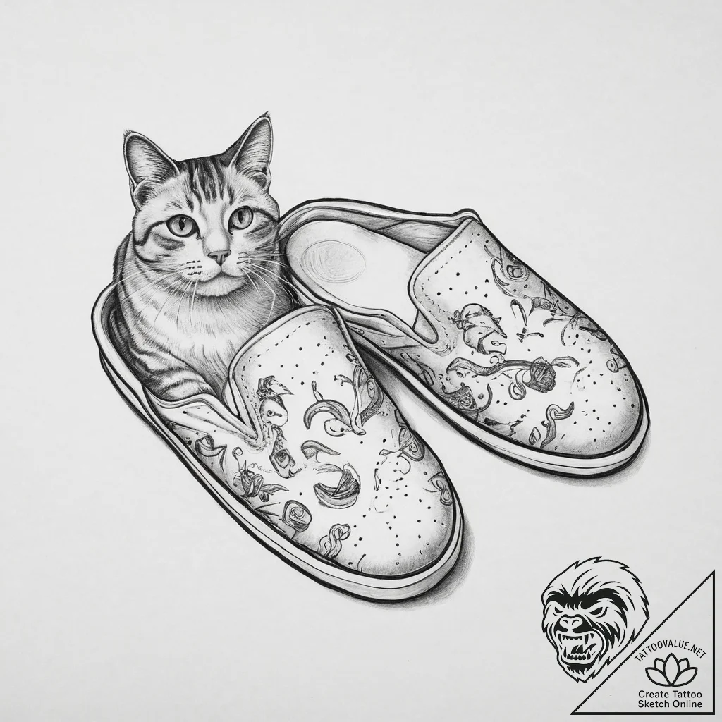 Tattoo sketch slippers with a cat, tattoo dra... - tattoo sketch (№1756252142_0, 26.08.2025 23:49) — tattoovalue.net