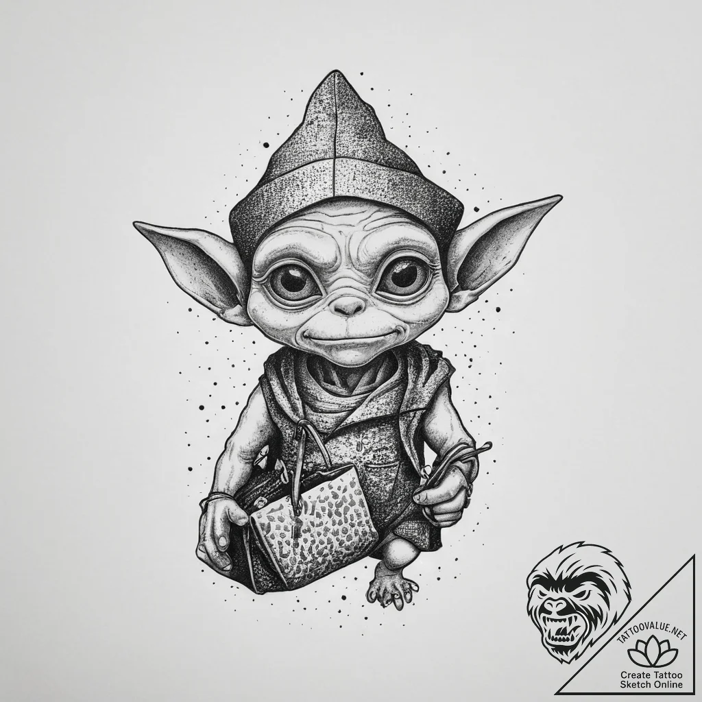 Tattoo sketch goblin with a bag, tattoo flash... - tattoo sketch (№1756255100_0, 27.08.2025 00:38) — tattoovalue.net