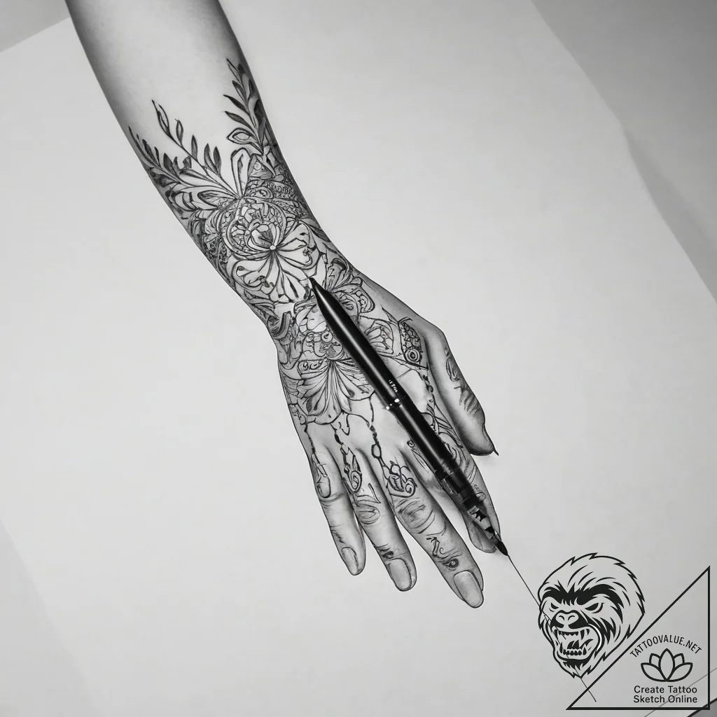 Tattoo sketch hands with a pen - tattoo sketch (№1756256681_0, 27.08.2025 01:04) — tattoovalue.net