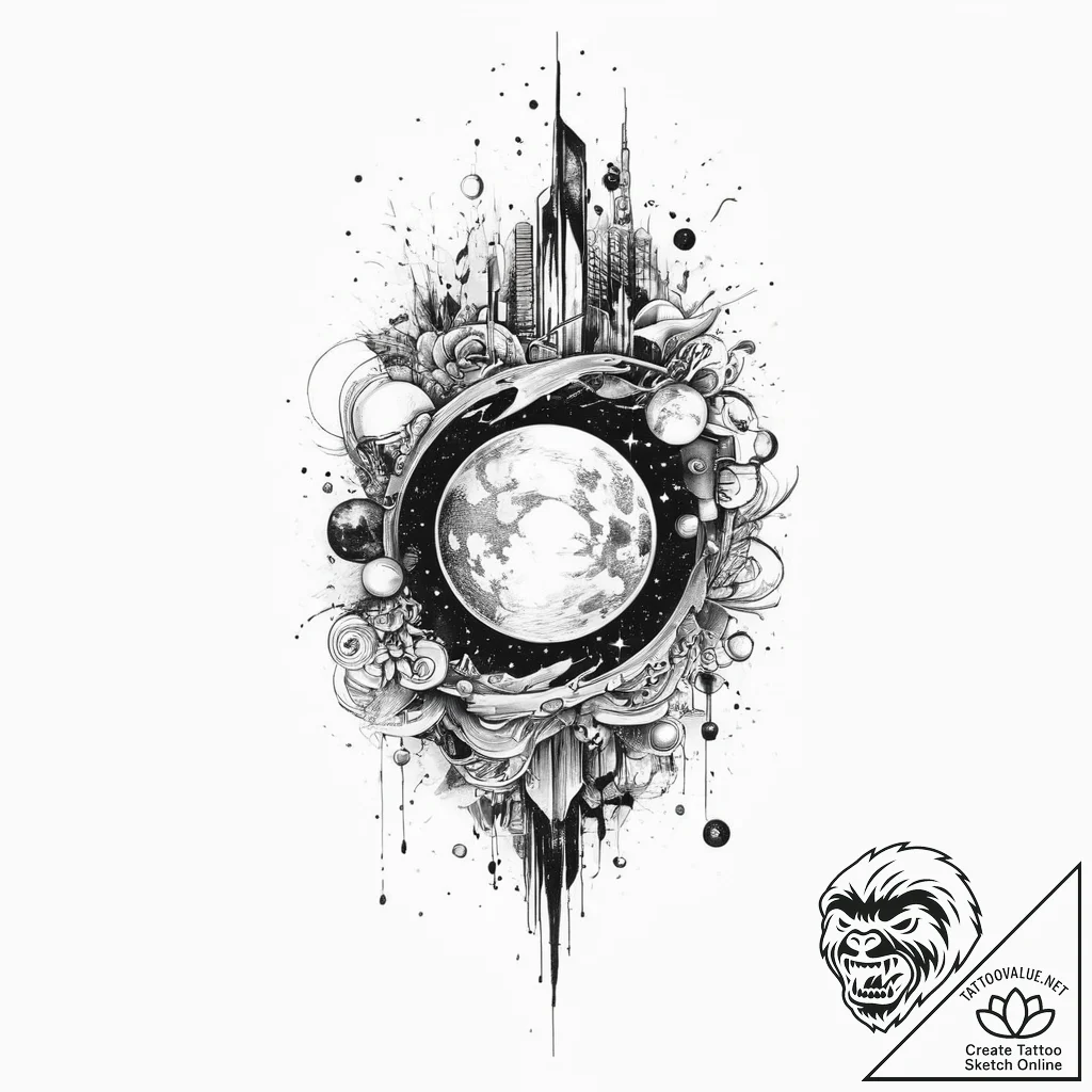 Tattoo sketch cosmic scene, ink illustration... - tattoo sketch (№1756258261_0, 27.08.2025 01:31) — tattoovalue.net