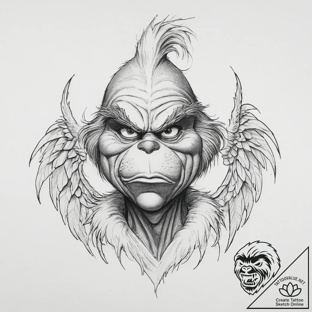 Tattoo sketch the grinch with a wing, ink ill... - tattoo sketch (№1756261816_0, 27.08.2025 02:30) — tattoovalue.net