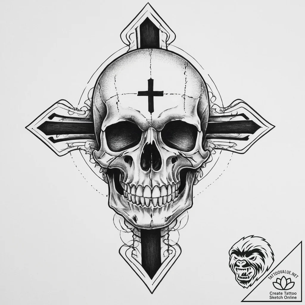 Tattoo sketch skull with a cross, tattoo line... - tattoo sketch (№1756262018_0, 27.08.2025 02:33) — tattoovalue.net