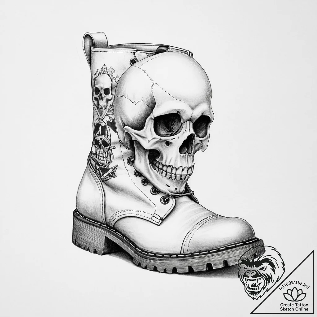 Tattoo sketch skinhead boot and a skull - tattoo sketch (№1756267660_0, 27.08.2025 04:07) — tattoovalue.net