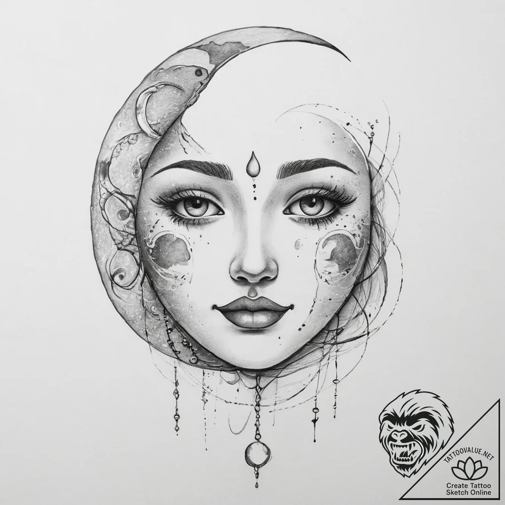Tattoo sketch moon with a face - tattoo sketch (№1756269084_0, 27.08.2025 04:31) — tattoovalue.net