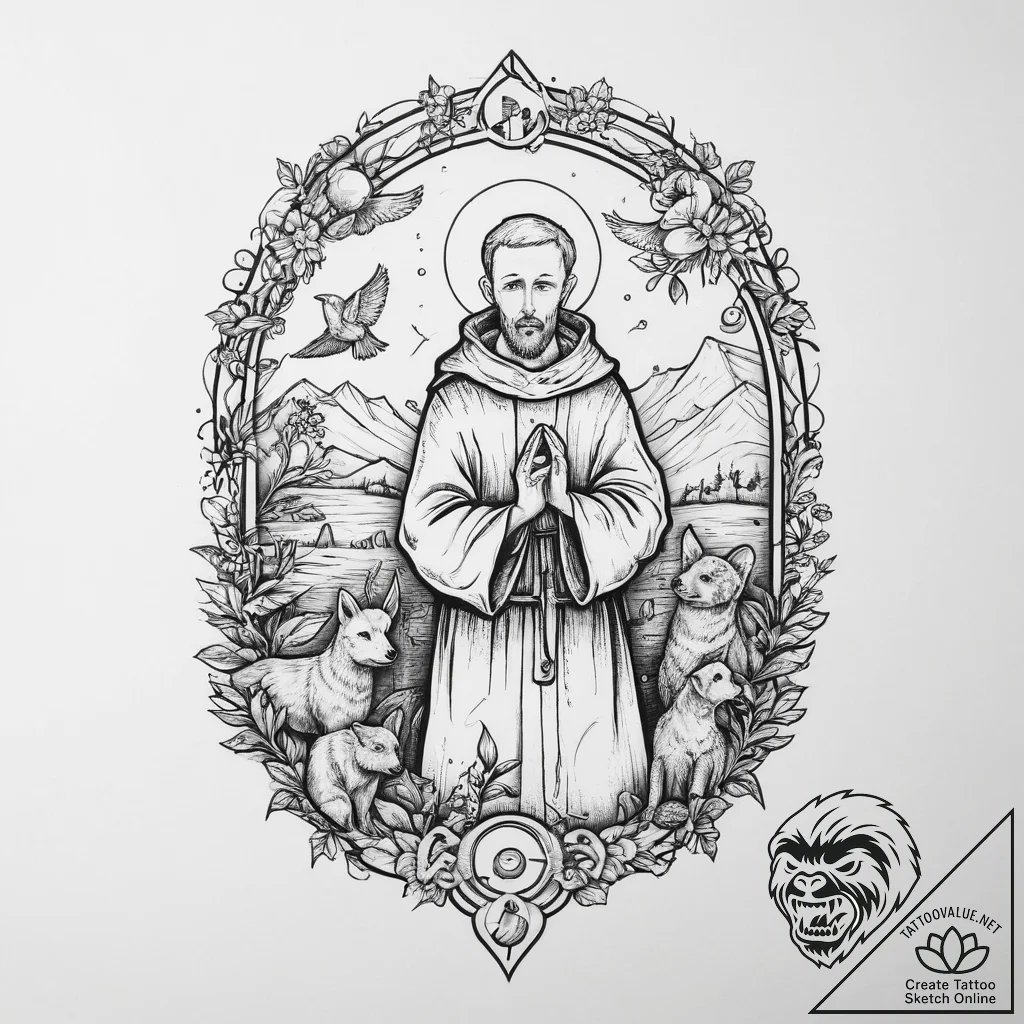 Tattoo sketch st. francis with animals, conce... - tattoo sketch (№1756274280_0, 27.08.2025 05:58) — tattoovalue.net