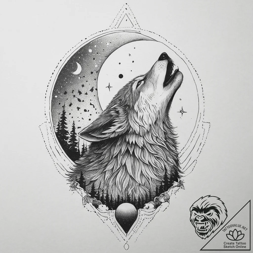 Tattoo sketch wolf howling at the moon, tatto... - tattoo sketch (№1756277431_0, 27.08.2025 06:50) — tattoovalue.net
