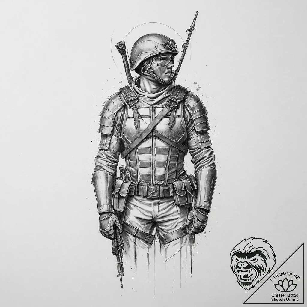 Tattoo sketch soldier with a sinner, tattoo l... - tattoo sketch (№1756281774_0, 27.08.2025 08:02) — tattoovalue.net