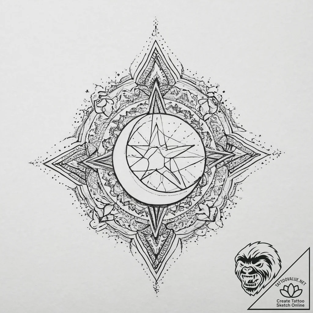 Tattoo sketch islamic star and crescent with... - tattoo sketch (№1756284336_0, 27.08.2025 08:45) — tattoovalue.net