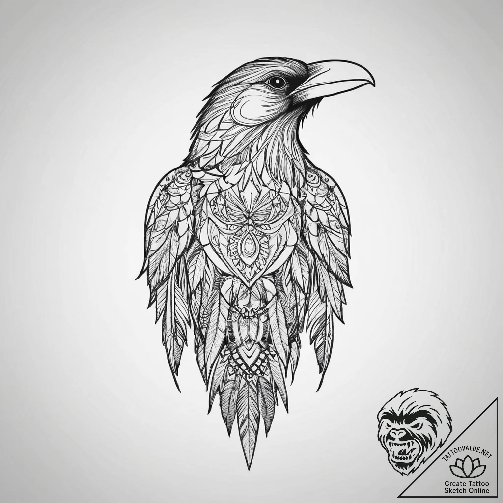 Tattoo sketch native american raven totem, in... - tattoo sketch (№1756285915_0, 27.08.2025 09:11) — tattoovalue.net