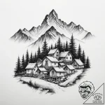 Tattoo sketch a village in the mountains – tattoo sketch (№1756295416_0, 27.08.2025 11:50) — tattoovalue.net