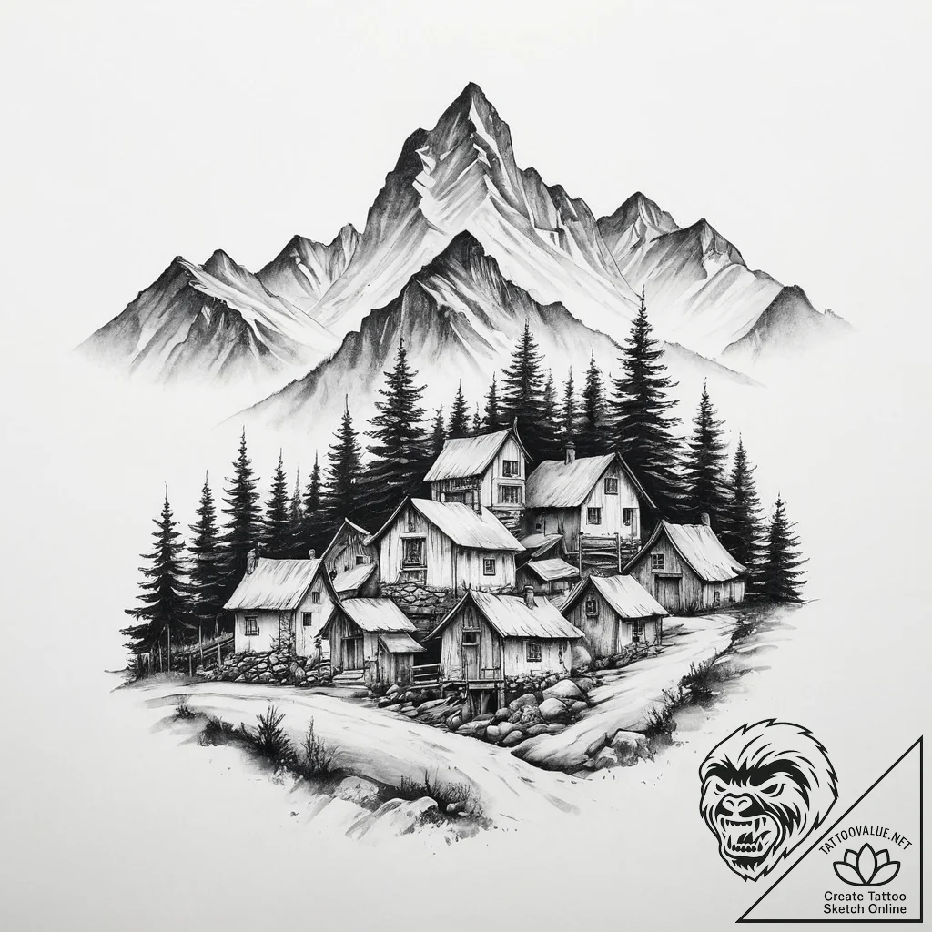 Tattoo sketch a village in the mountains - tattoo sketch (№1756295416_0, 27.08.2025 11:50) — tattoovalue.net