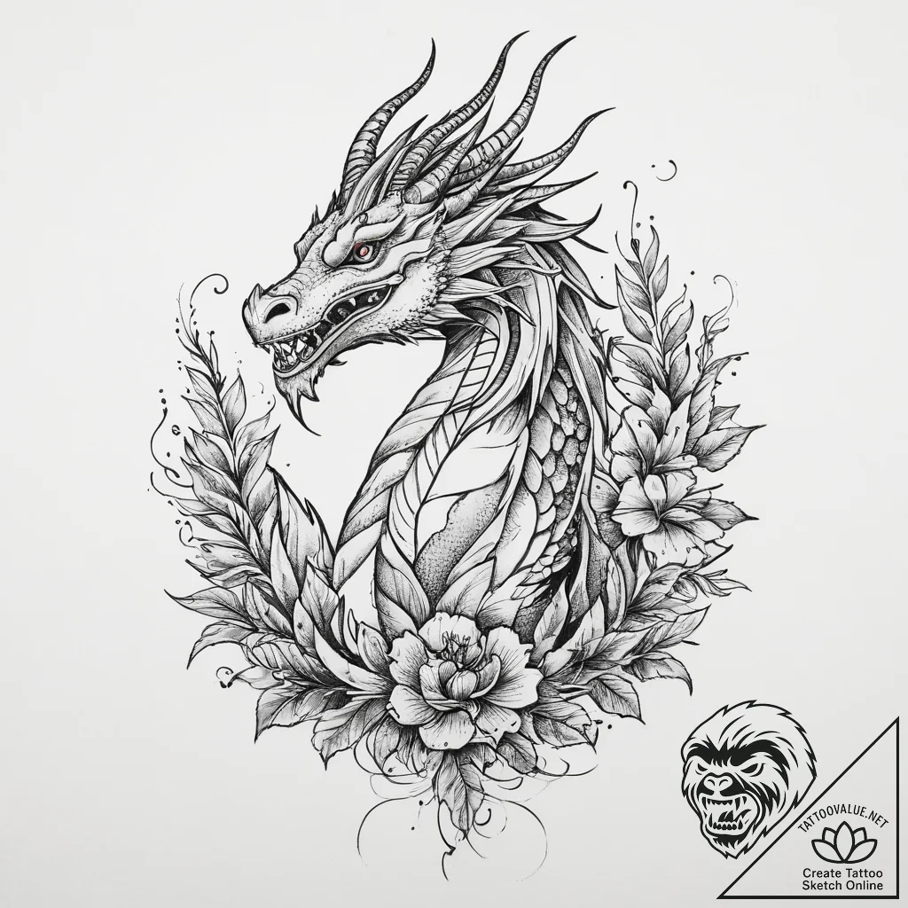 Tattoo sketch dragon with a plant, tattoo dra... - tattoo sketch (№1756297596_0, 27.08.2025 12:26) — tattoovalue.net