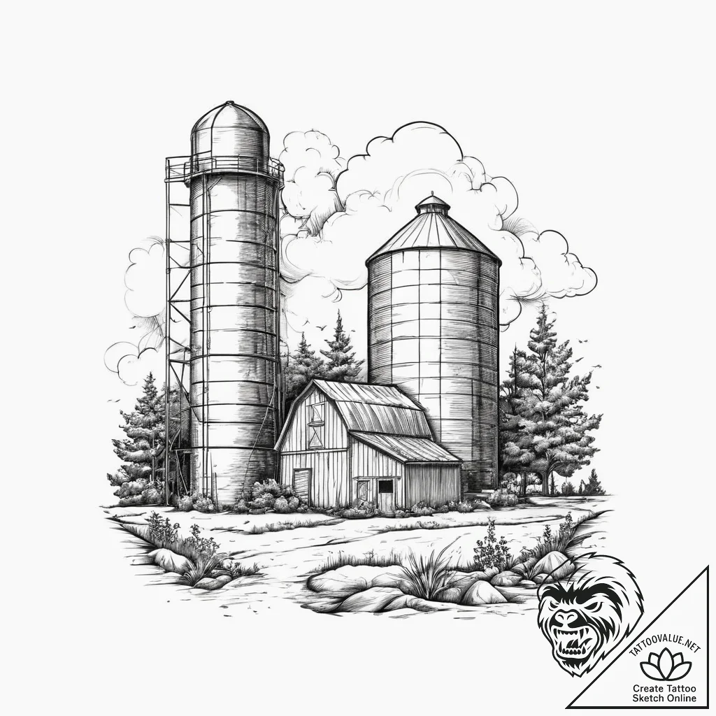Tattoo sketch farmer barn and silo, ink illus... - tattoo sketch (№1756302787_0, 27.08.2025 13:53) — tattoovalue.net