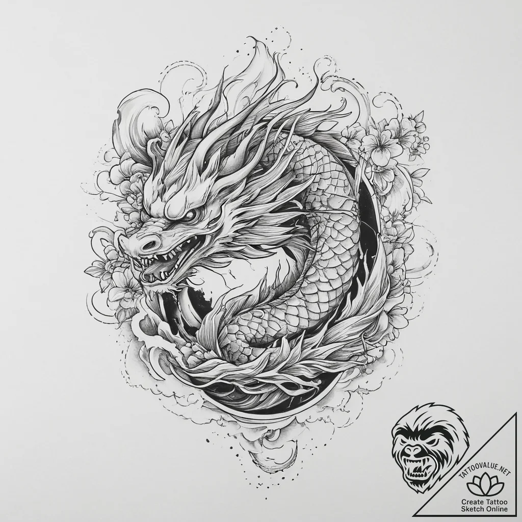 Tattoo sketch dragon flying, tattoo line art,... - tattoo sketch (№1756303574_0, 27.08.2025 14:06) — tattoovalue.net