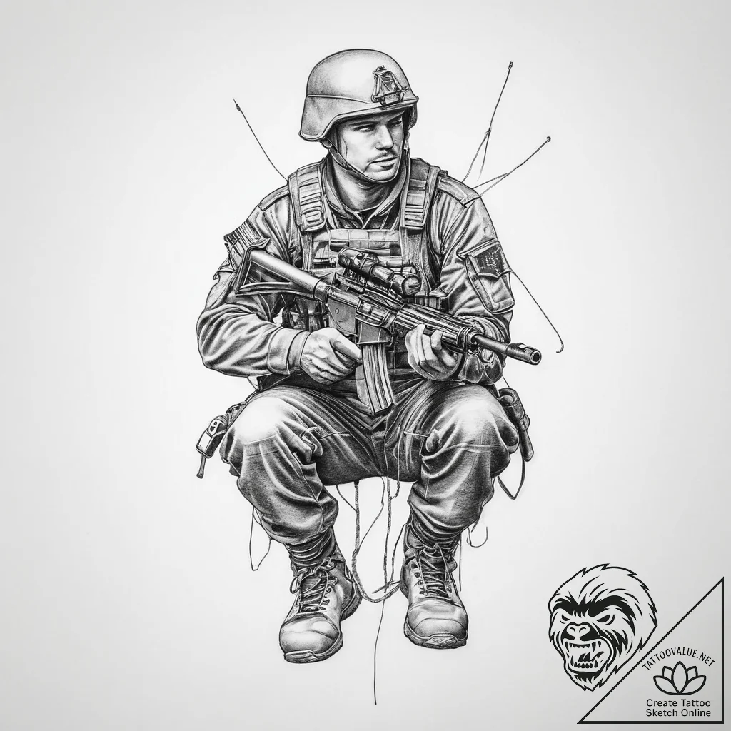 Tattoo sketch soldier with a thread - tattoo sketch (№1756306506_0, 27.08.2025 14:55) — tattoovalue.net