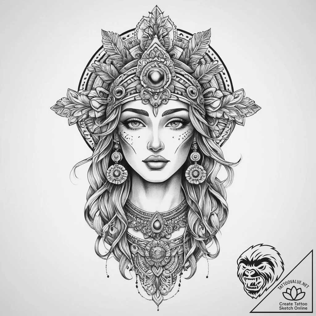 Tattoo sketch aztec goddess, ink illustration... - tattoo sketch (№1756306707_0, 27.08.2025 14:58) — tattoovalue.net