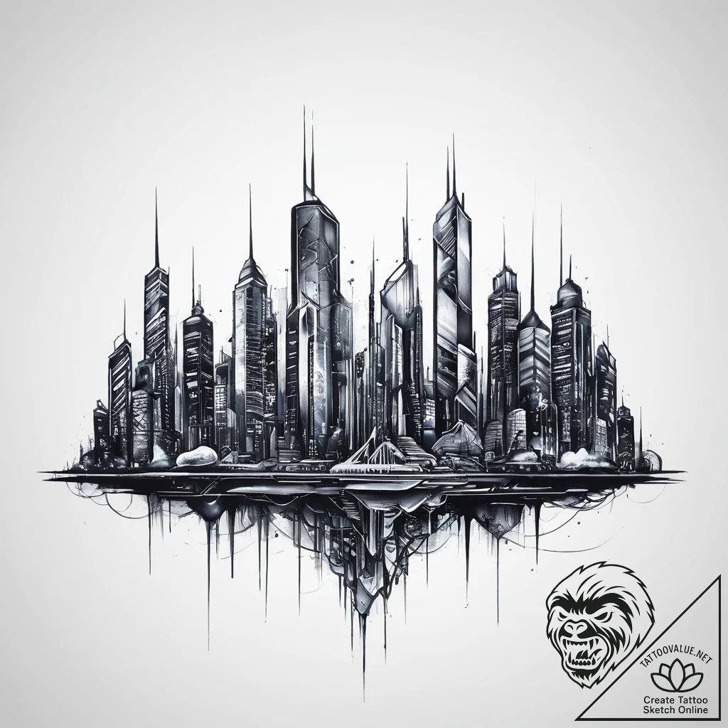 Tattoo sketch cyberpunk neon city skyline - tattoo sketch (№1756309049_0, 27.08.2025 15:37) — tattoovalue.net