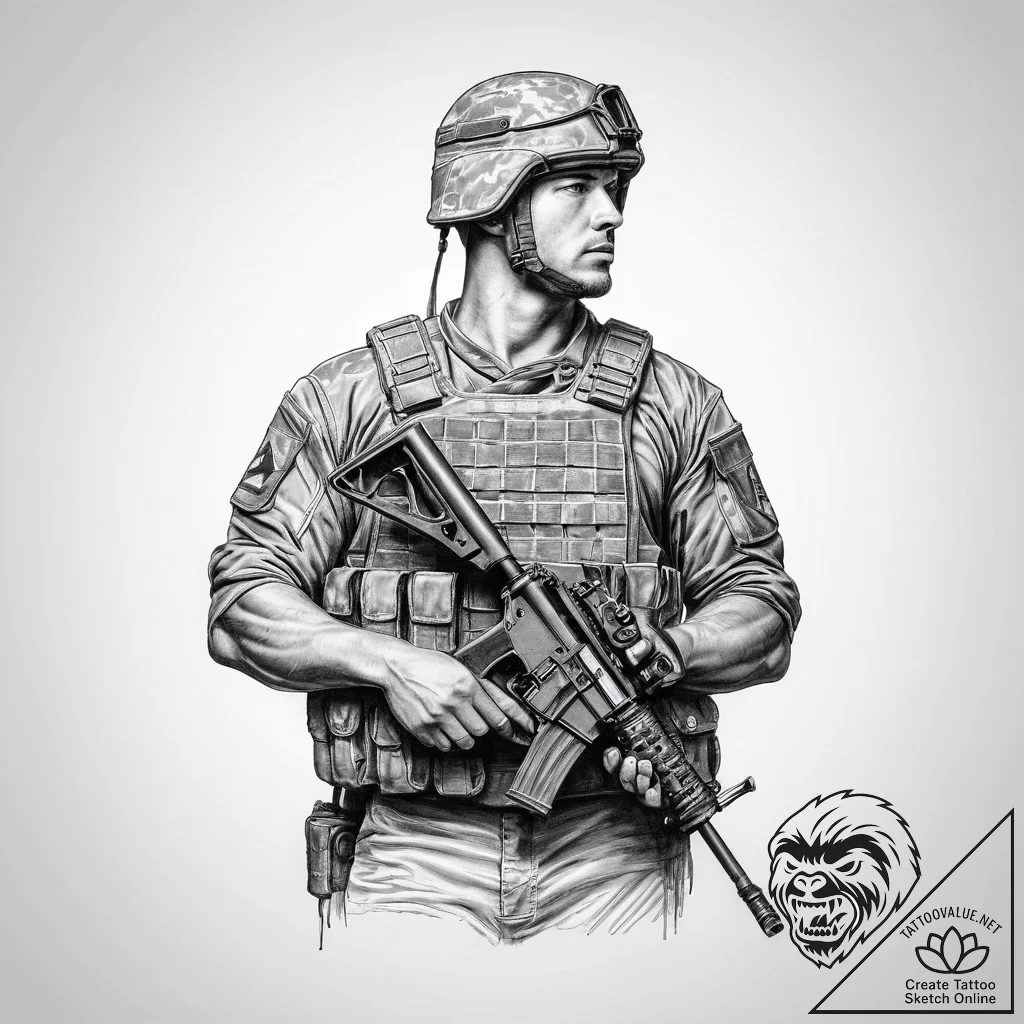 Tattoo sketch soldier with a home - tattoo sketch (№1756309638_0, 27.08.2025 15:47) — tattoovalue.net