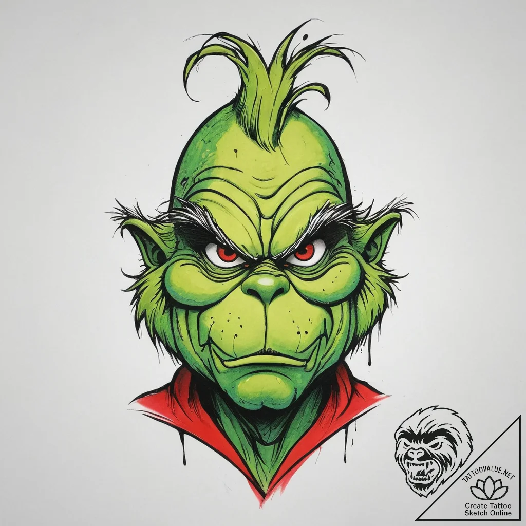 Tattoo sketch the grinch with a skin, tattoo... - tattoo sketch (№1756315599_0, 27.08.2025 17:26) — tattoovalue.net
