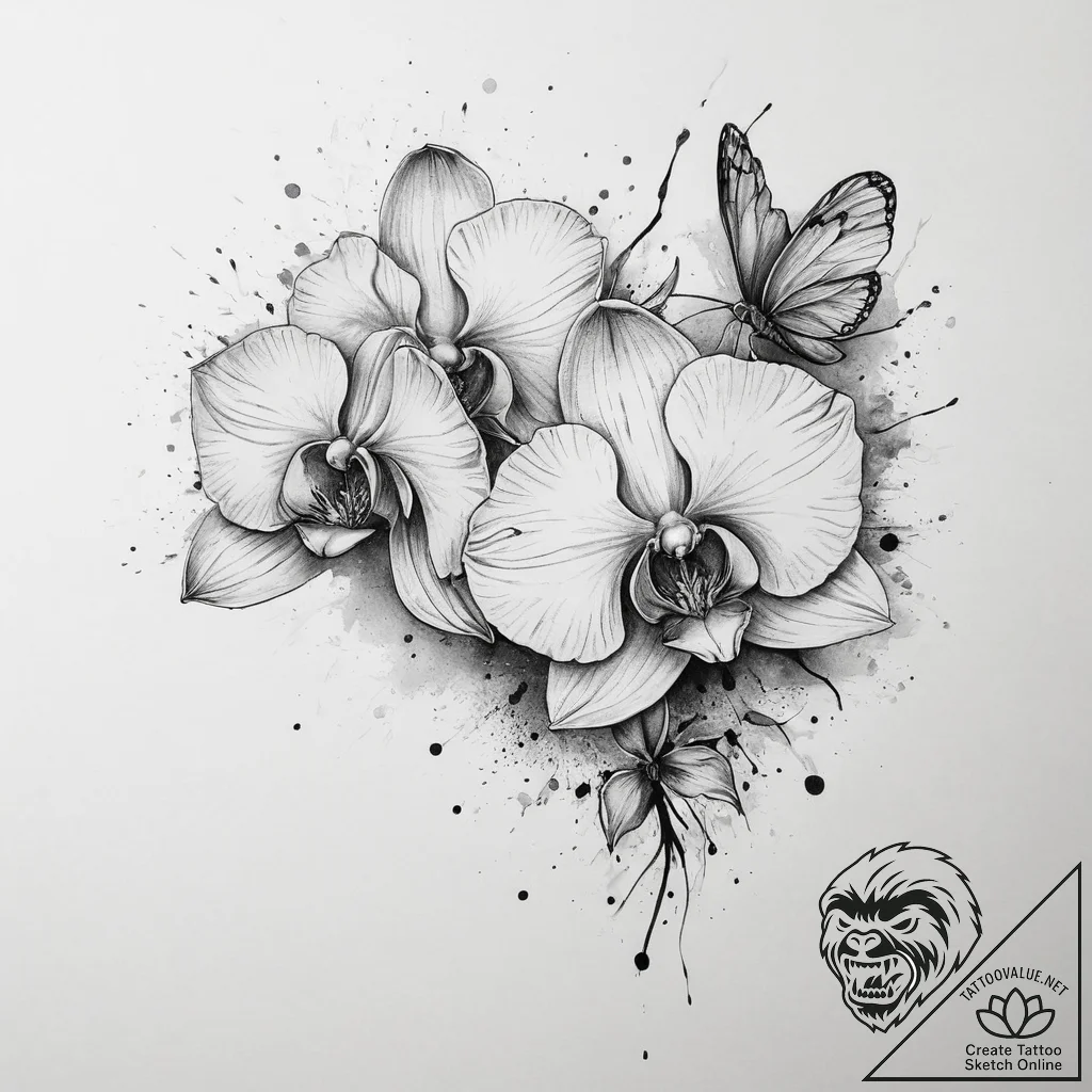 Tattoo sketch orchid with a butterfly, tattoo... - tattoo sketch (№1756323532_0, 27.08.2025 19:38) — tattoovalue.net