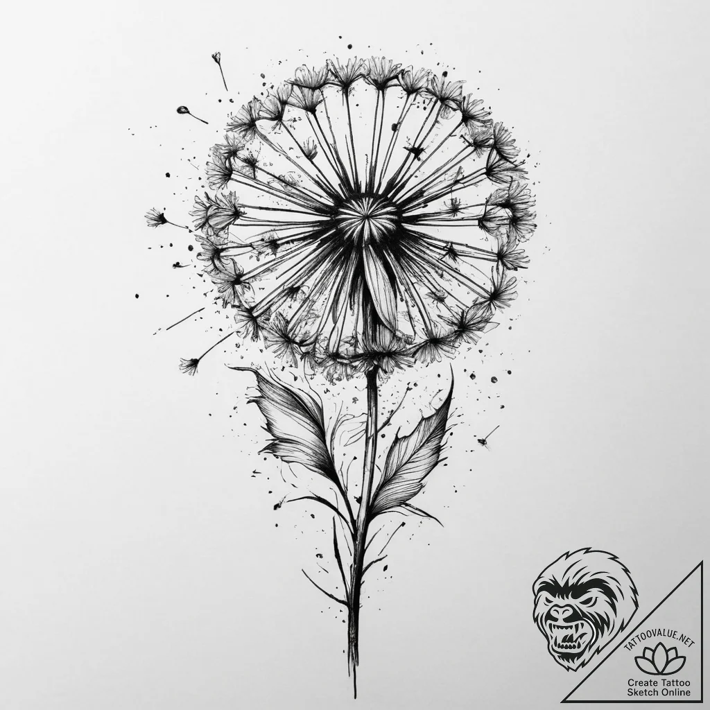 Tattoo sketch dandelion with seeds blowing aw... - tattoo sketch (№1756328558_0, 27.08.2025 21:02) — tattoovalue.net