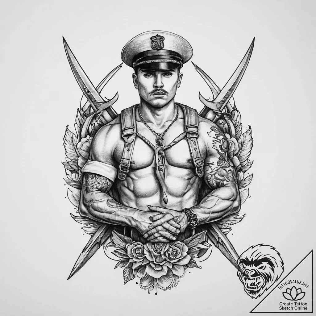Tattoo sketch soldier with a scissors, tattoo... - tattoo sketch (№1756340555_0, 28.08.2025 00:22) — tattoovalue.net
