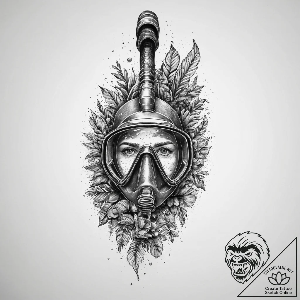 Tattoo sketch snorkeling a person with a snor... - tattoo sketch (№1756341554_0, 28.08.2025 00:39) — tattoovalue.net