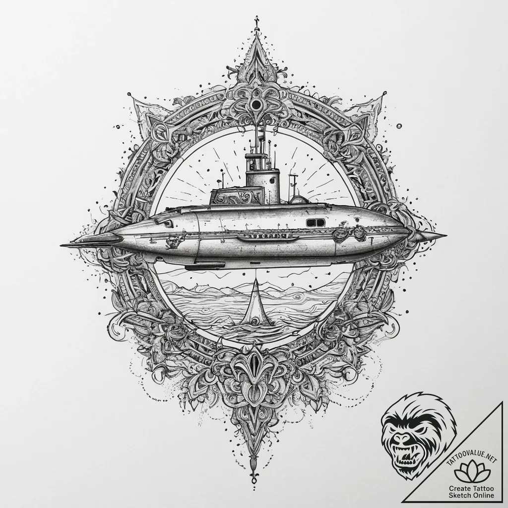 Tattoo sketch star with a submarine, ink illu... - tattoo sketch (№1756347965_0, 28.08.2025 02:26) — tattoovalue.net