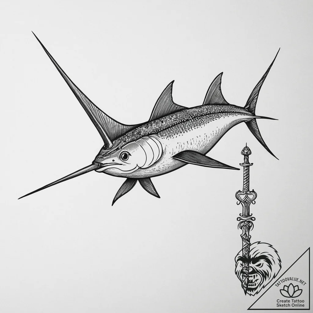 Tattoo sketch puns a swordfish that says "i'm... - tattoo sketch (№1756348364_0, 28.08.2025 02:32) — tattoovalue.net