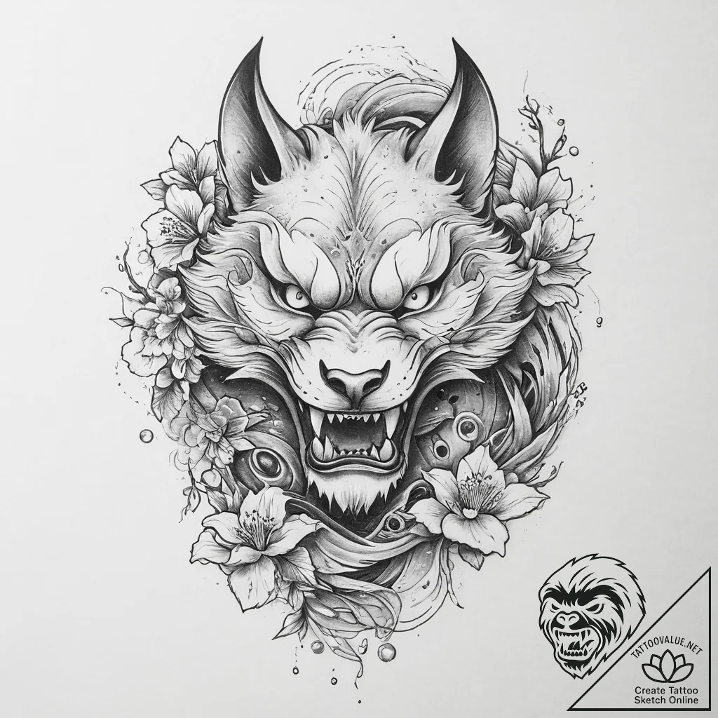 Tattoo sketch werewolf with a flower, concept... - tattoo sketch (№1756350155_0, 28.08.2025 03:02) — tattoovalue.net