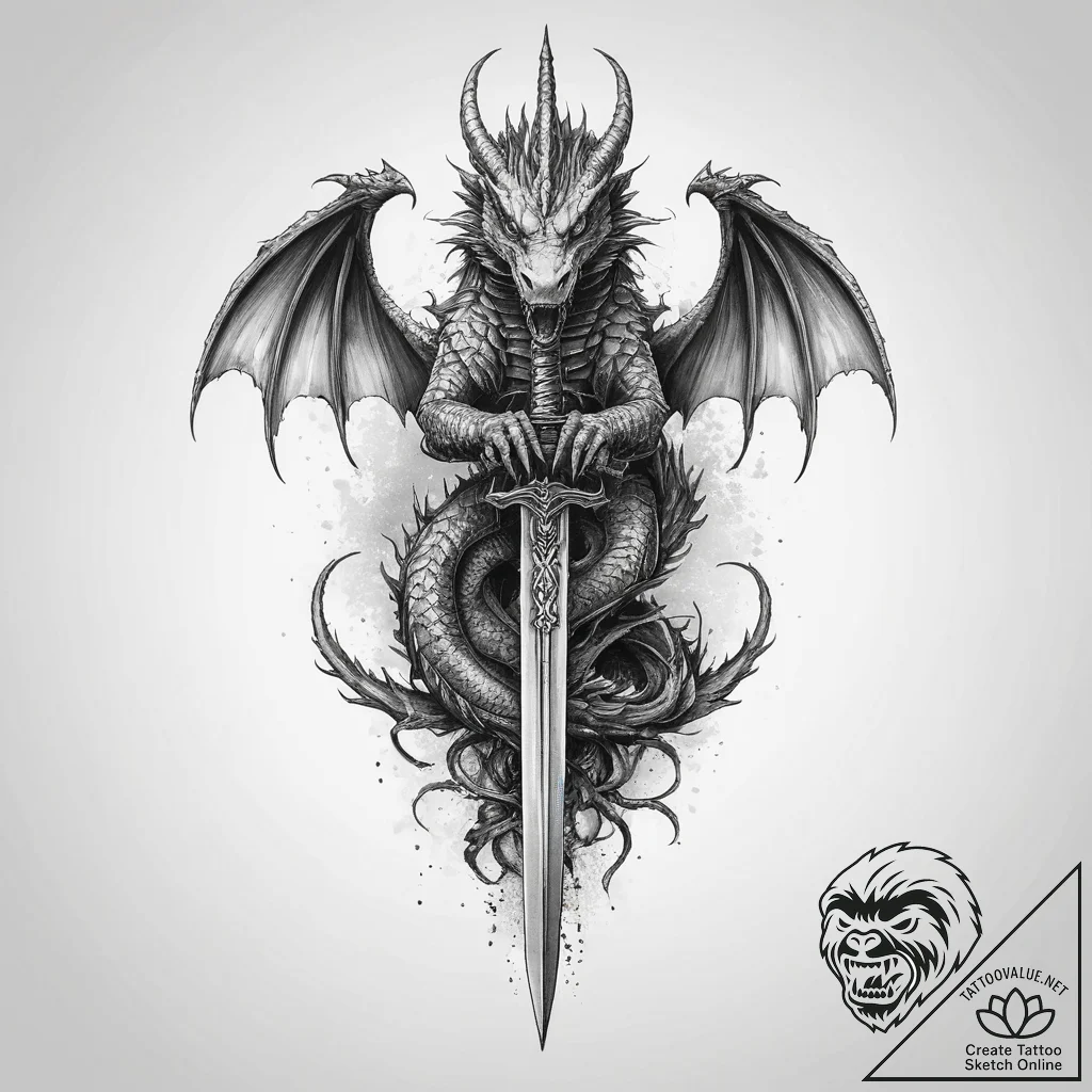 Tattoo sketch dragon with a sword, tattoo dra... - tattoo sketch (№1756371044_0, 28.08.2025 08:50) — tattoovalue.net
