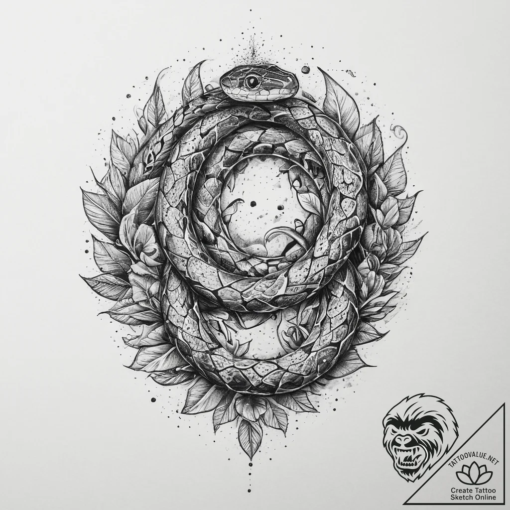 Tattoo sketch leaves with a snake, concept ar... - tattoo sketch (№1756374426_0, 28.08.2025 09:47) — tattoovalue.net
