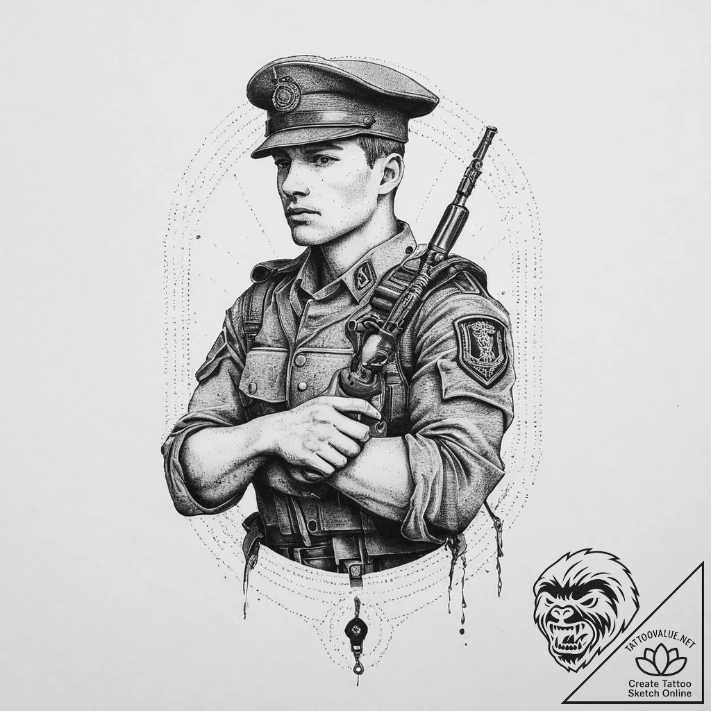 Tattoo sketch soldier with a lock, artistic t... - tattoo sketch (№1756377411_0, 28.08.2025 10:36) — tattoovalue.net