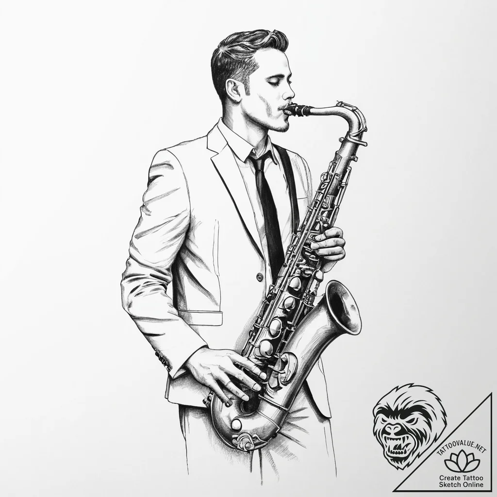 Tattoo sketch playing an instrument saxophone... - tattoo sketch (№1756379206_0, 28.08.2025 11:06) — tattoovalue.net