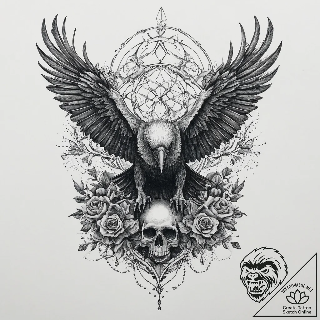 Tattoo sketch norse raven on a skull, ink ill... - tattoo sketch (№1756383389_0, 28.08.2025 12:16) — tattoovalue.net