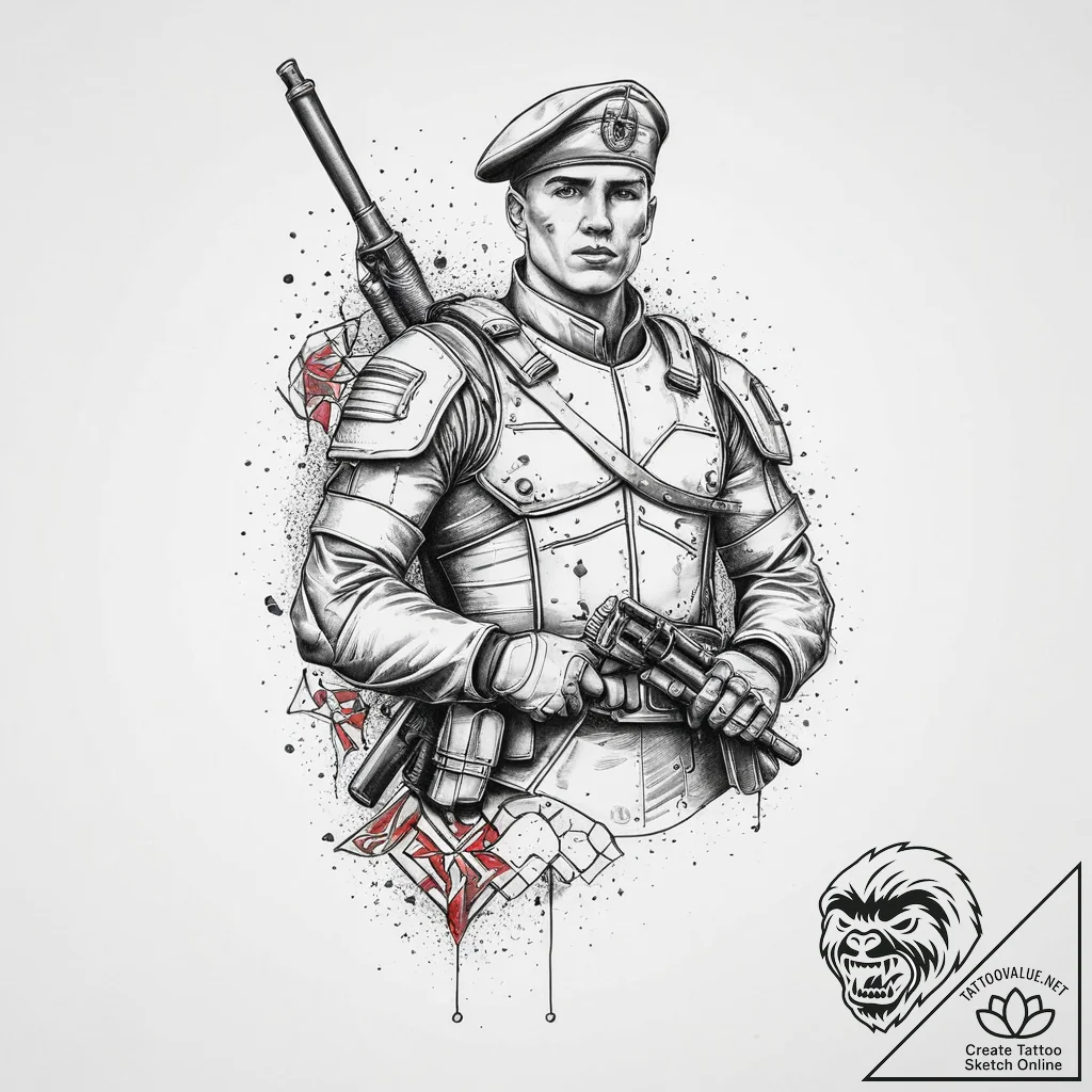 Tattoo sketch soldier with a scroll, tattoo s... - tattoo sketch (№1756387572_0, 28.08.2025 13:26) — tattoovalue.net
