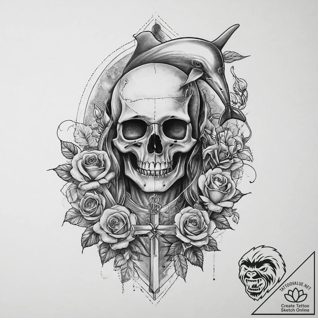 Tattoo sketch soldier with a dolphin, artisti... - tattoo sketch (№1756393767_0, 28.08.2025 15:09) — tattoovalue.net