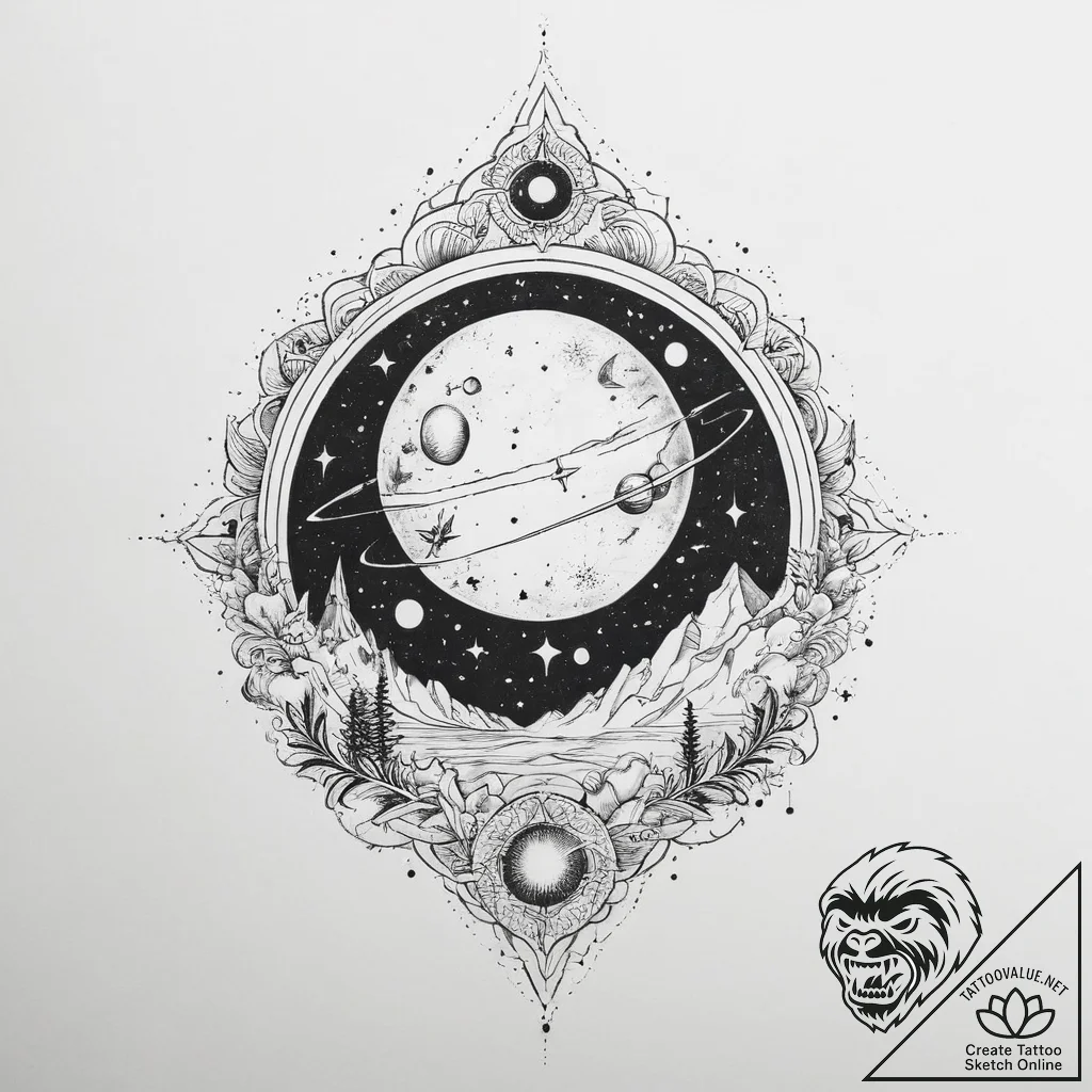 Tattoo sketch cosmic landscape - tattoo sketch (№1756396981_0, 28.08.2025 16:03) — tattoovalue.net