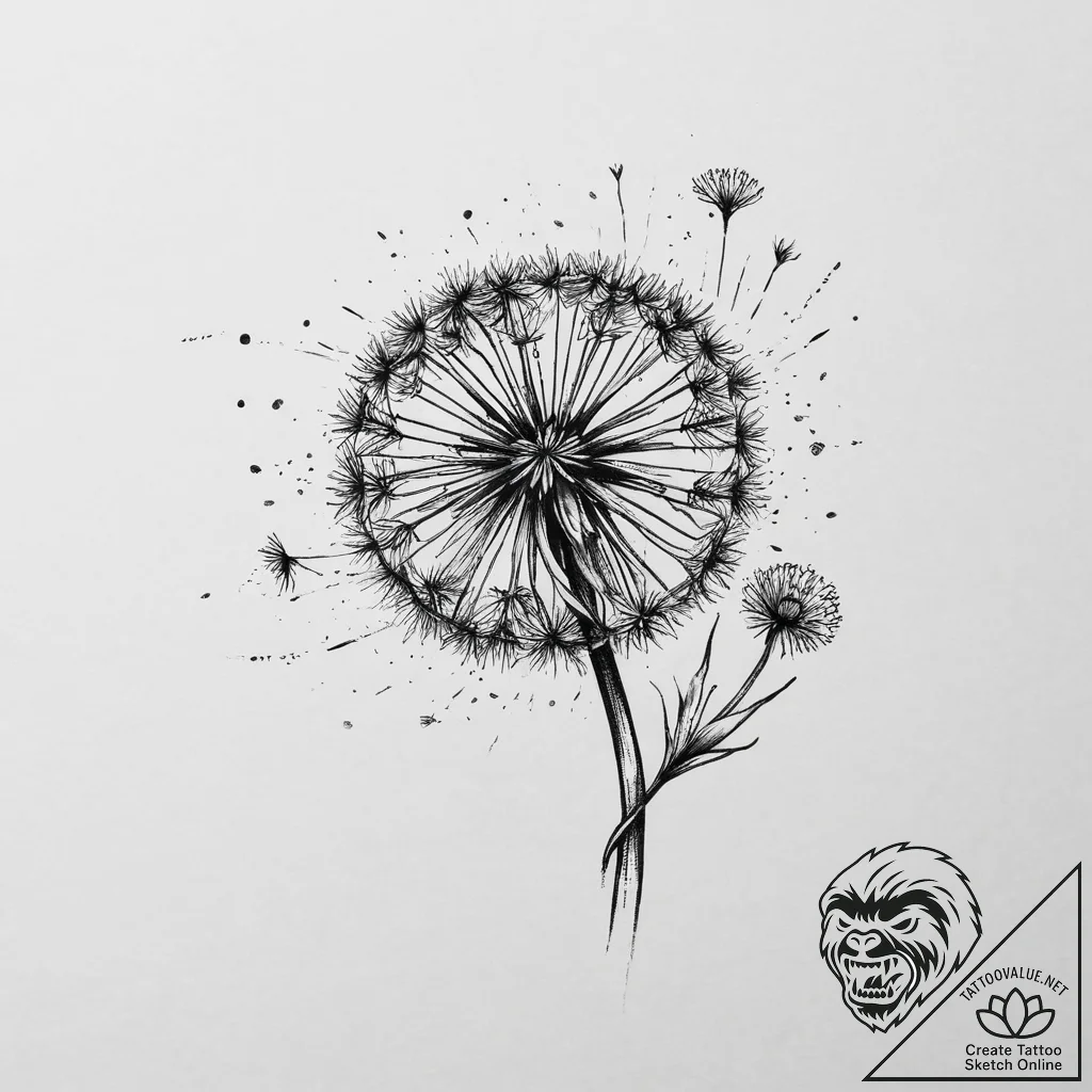 Tattoo sketch dandelion with seeds blowing aw... - tattoo sketch (№1756402207_0, 28.08.2025 17:30) — tattoovalue.net