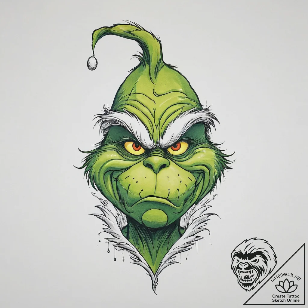 Tattoo sketch the grinch with a feather, conc... - tattoo sketch (№1756406616_0, 28.08.2025 18:43) — tattoovalue.net