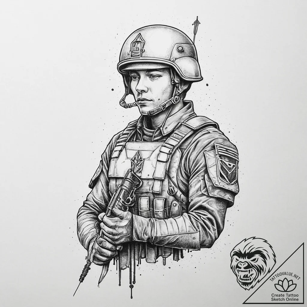 Tattoo sketch soldier with a key, tattoo line... - tattoo sketch (№1756410823_0, 28.08.2025 19:53) — tattoovalue.net