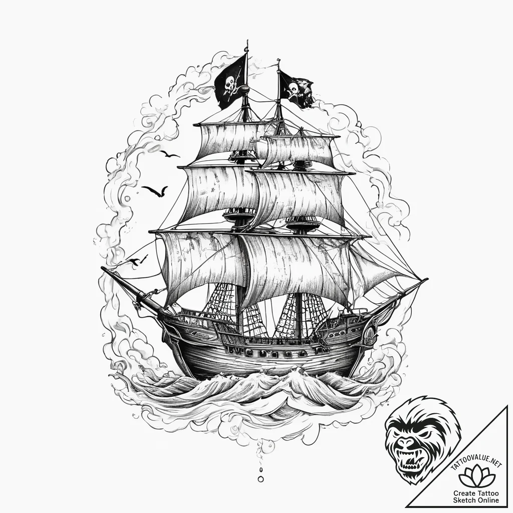 Tattoo sketch pirate ship with a jolly roger... - tattoo sketch (№1756430520_0, 29.08.2025 01:22) — tattoovalue.net