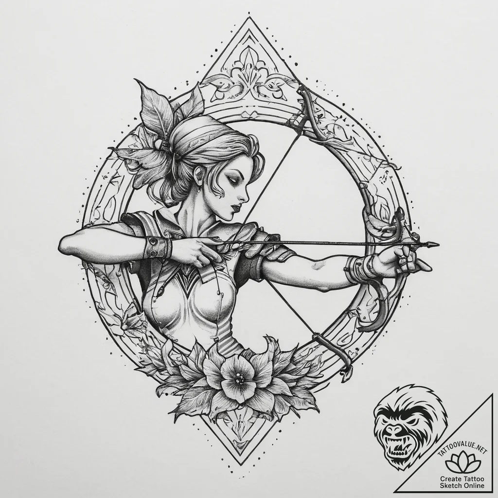 Tattoo sketch elf shooting bow, artistic tatt... - tattoo sketch (№1756430718_0, 29.08.2025 01:25) — tattoovalue.net