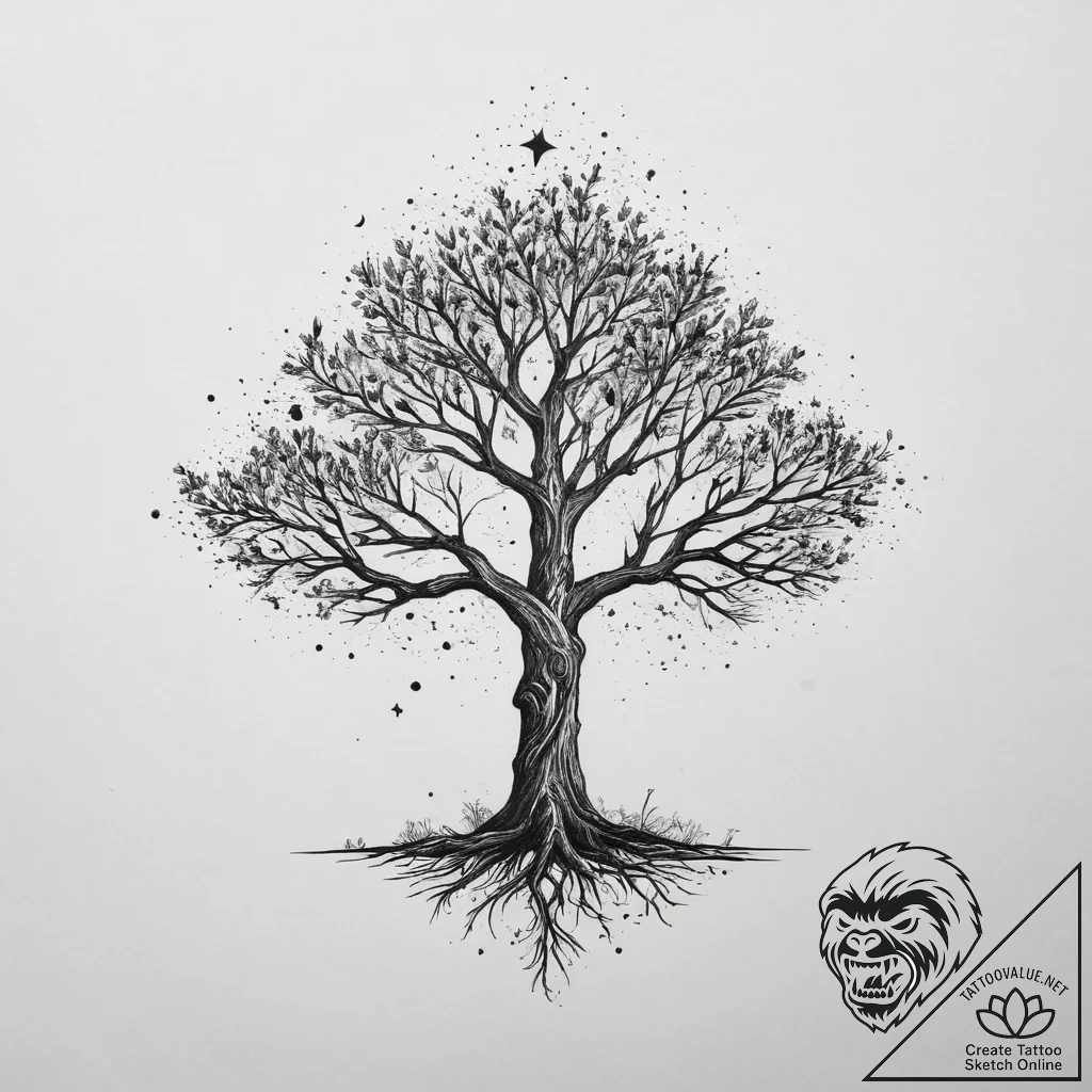 Tattoo sketch romantic starry sky with a tree... - tattoo sketch (№1756433897_0, 29.08.2025 02:18) — tattoovalue.net