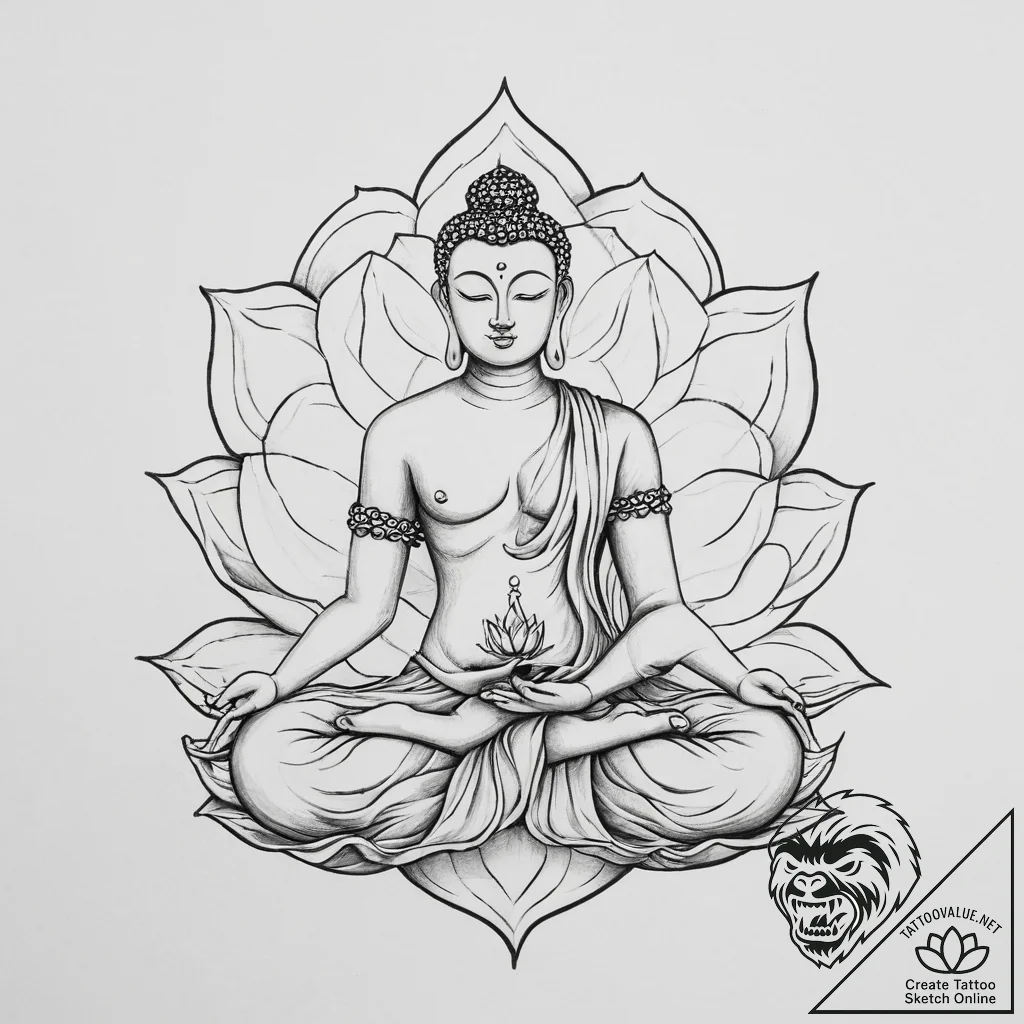 Tattoo sketch buddha in lotus pose - tattoo sketch (№1756436871_0, 29.08.2025 03:07) — tattoovalue.net