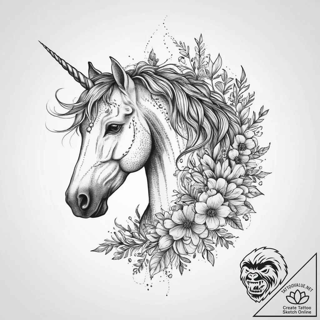 Tattoo sketch unicorn with a floral pattern,... - tattoo sketch (№1756444794_0, 29.08.2025 05:19) — tattoovalue.net