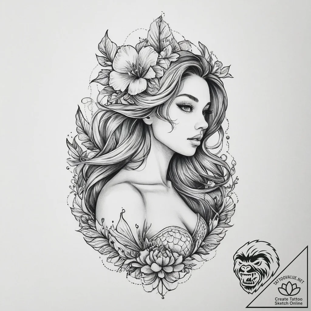 Tattoo sketch mermaid with a flower - tattoo sketch (№1756448153_0, 29.08.2025 06:15) — tattoovalue.net