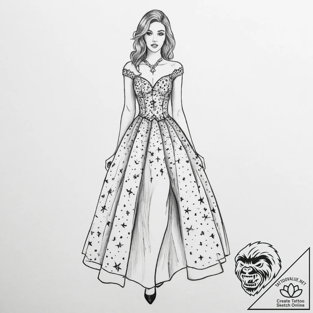 Tattoo sketch prom dress with a star - tattoo sketch (№1756448745_0, 29.08.2025 06:25) — tattoovalue.net